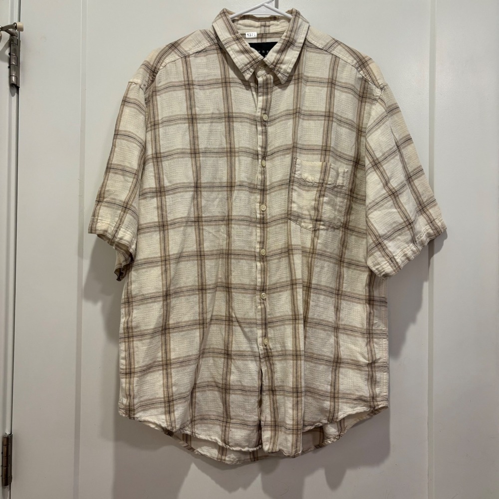 Consensus Mens Large Linen Cotton Blend Plaid Short Sleeve Button Down Shirt Tan